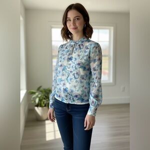 Floral Sheer Blouse with Blue and Purple Accents